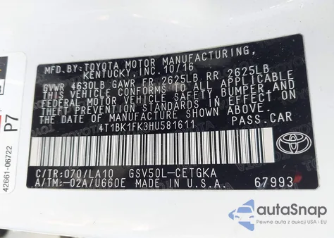 2017 Toyota Camry Xle V6 из США, поврежденный, VIN 4T1BK1FK3HU581611